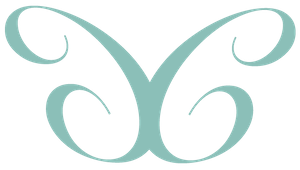 two stylized mirror images of the letter resembling a butterfly in a sea glass teal color